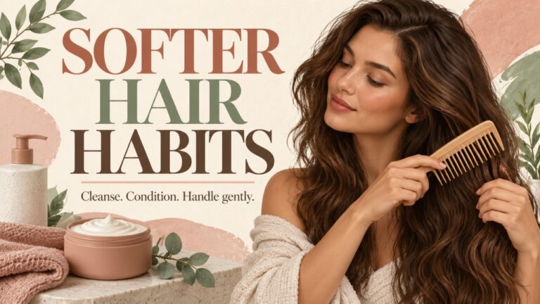 Illustration of a woman with brown hair beside conditioner and a comb