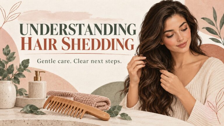 Woman gently handling her hair beside a wide-tooth comb