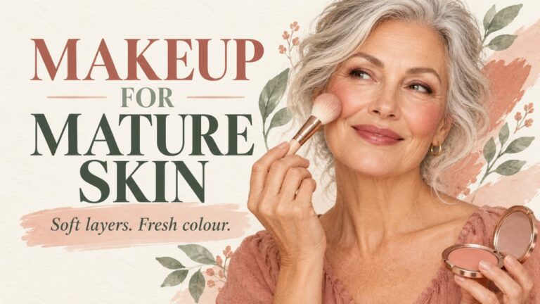 Mature woman applying softly blended makeup with a brush