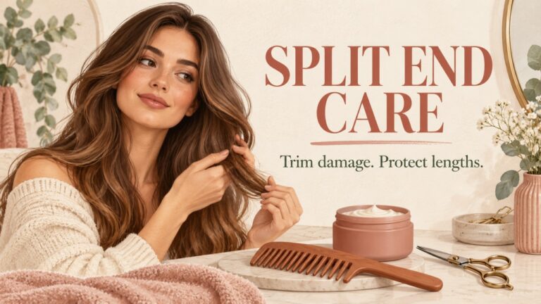 Woman holding her hair beside conditioner, a comb and scissors