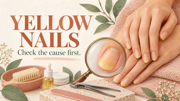 Illustration of discoloured nails examined with a magnifying glass
