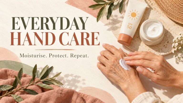 Moisturiser being applied to mature hands beside sunscreen