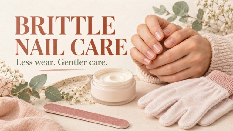 Short natural nails with hand cream, a file and protective gloves