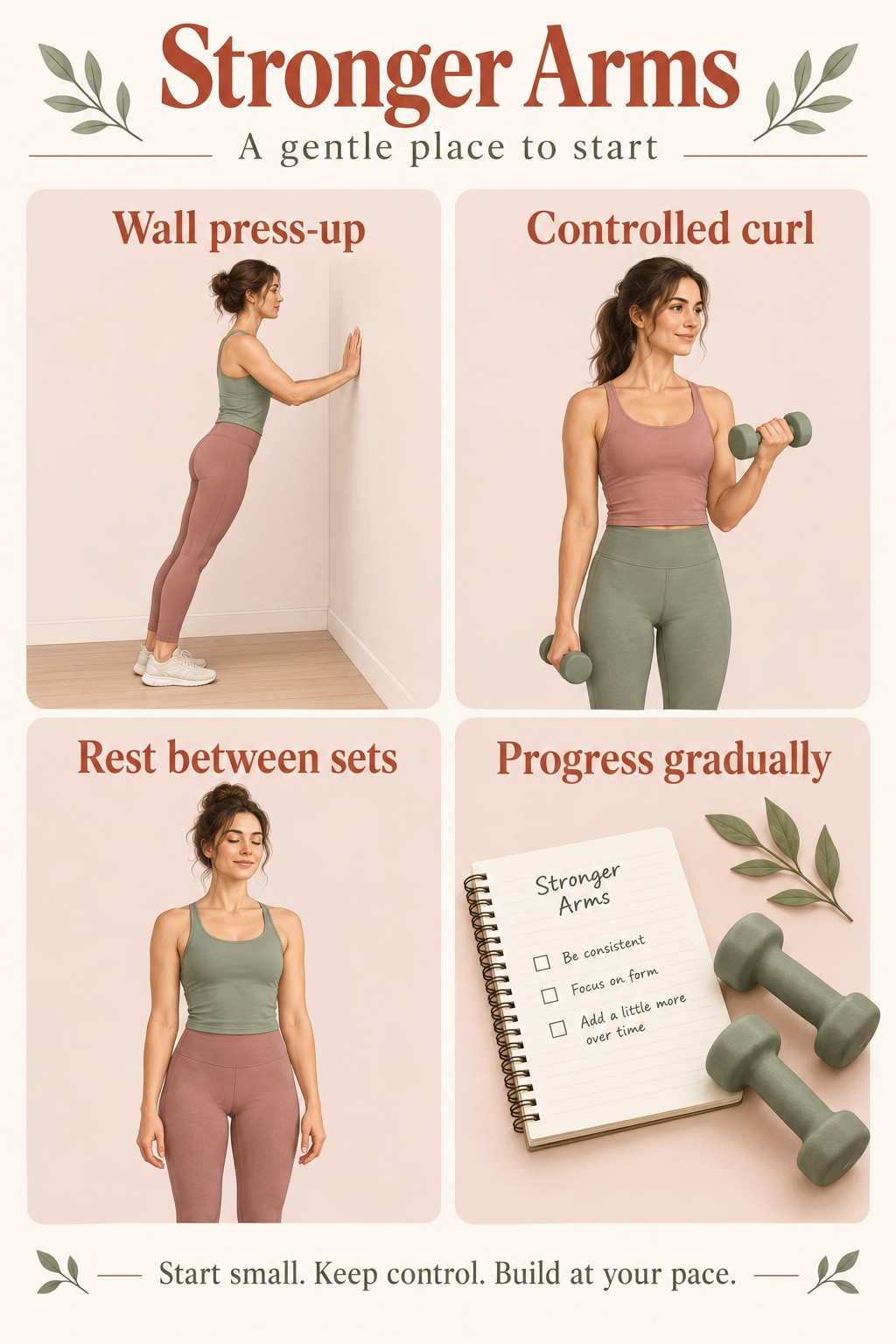 Beginner arm workout infographic showing wall press-ups, curls, rest and gradual progression
