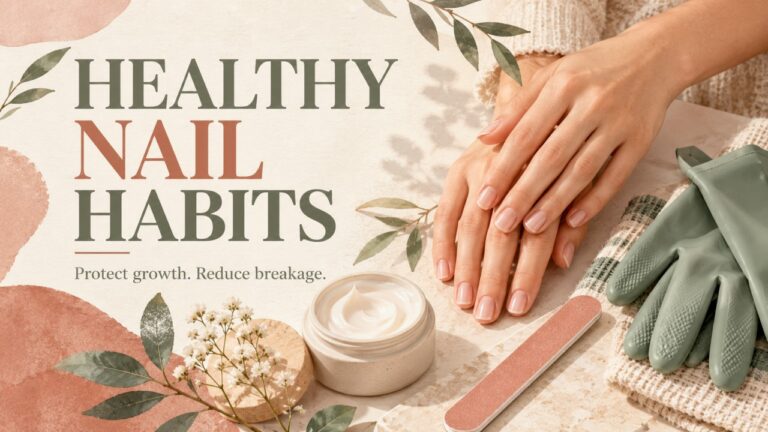 Natural hands beside hand cream, a nail file and protective gloves