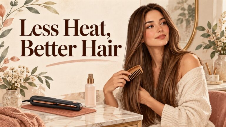 Woman with long hair and a comb beside a closed straightener, titled Less Heat, Better Hair.