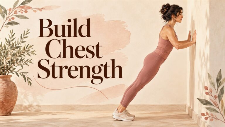 Woman demonstrating a wall press-up with the title Build Chest Strength.