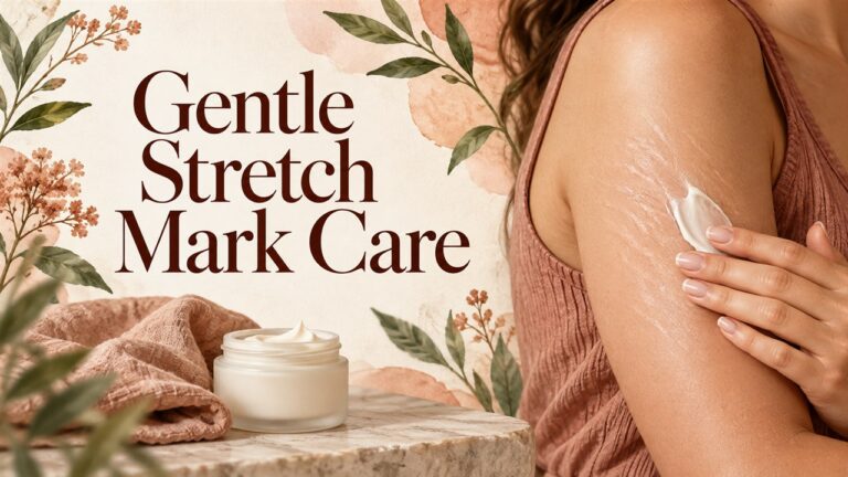 Moisturiser applied gently to an upper arm with subtle stretch marks, titled Gentle Stretch Mark Care.