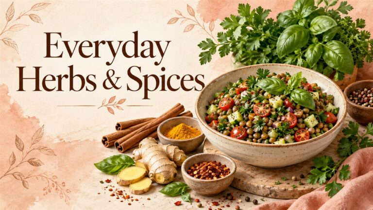Herbs, spices and a lentil salad with the title Everyday Herbs and Spices.