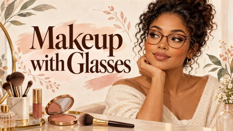 Woman wearing thin brown glasses and soft makeup with the title Makeup with Glasses.