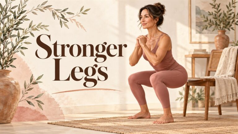 Woman performing a bodyweight squat beside a chair with the title Stronger Legs.
