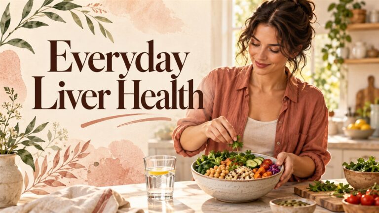 Woman preparing a balanced meal with the title Everyday Liver Health.