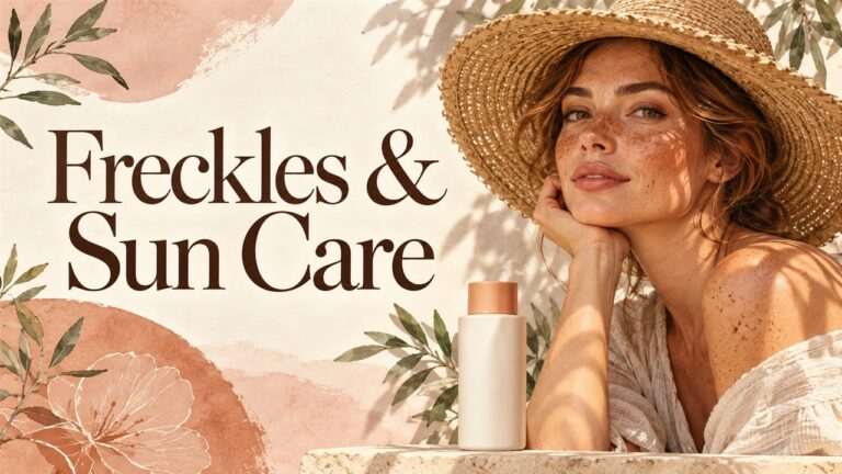 Freckled woman in a sun hat beside sunscreen with the title Freckles and Sun Care.