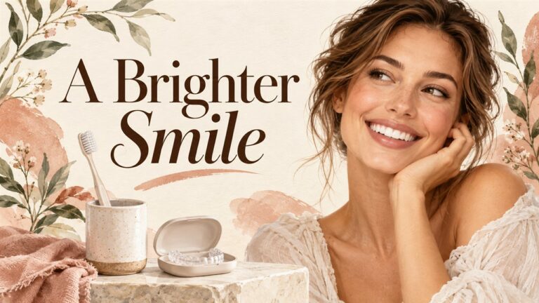 Smiling woman beside a toothbrush and dental tray with the title A Brighter Smile.