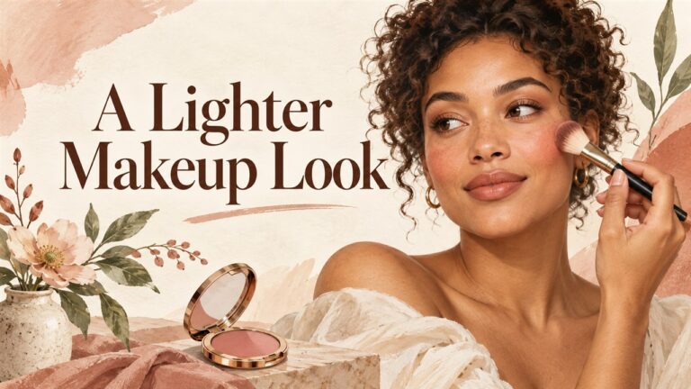 Woman applying blush beside a compact, with the title A Lighter Makeup Look.