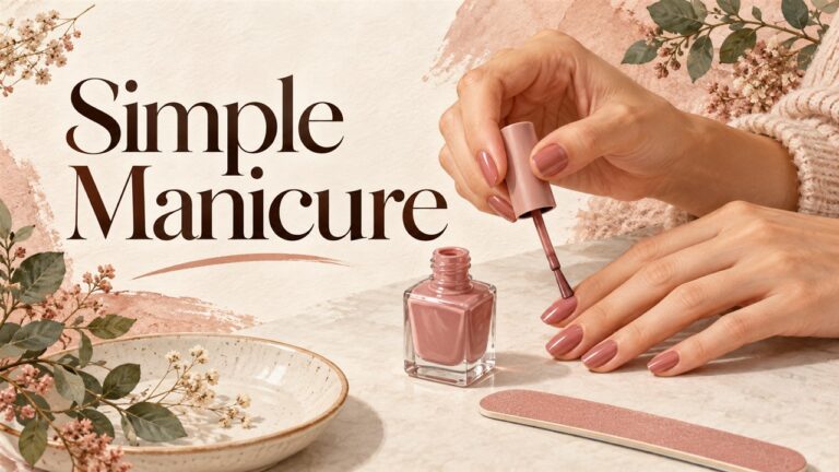 Hands applying dusty rose nail polish beside a bottle and nail file.