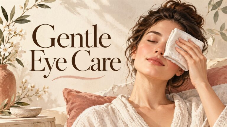Woman with closed eyes holding a folded washcloth gently against her eye area.