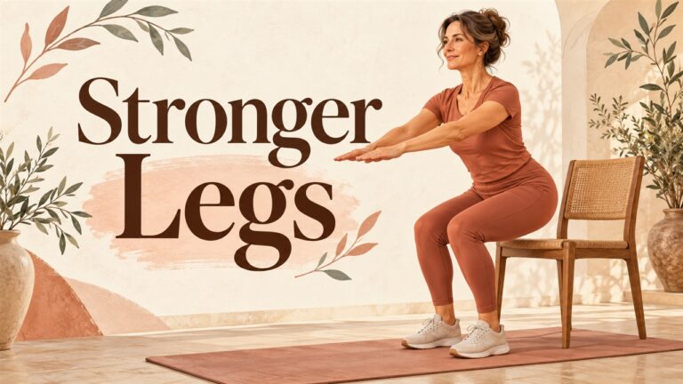 Woman practising a controlled chair squat on an exercise mat.