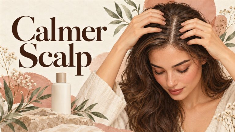 Woman gently parting her hair with her fingers beside an unbranded shampoo bottle.