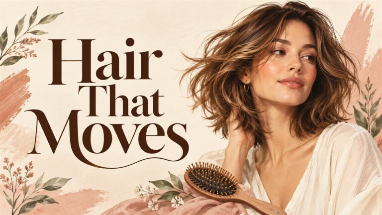 Woman with softly textured shoulder-length hair beside a hairbrush.