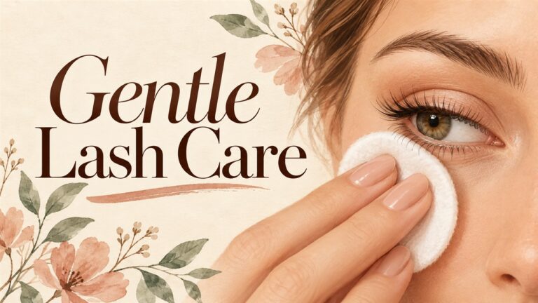 Close-up eye with natural lashes and a soft cotton pad held below it.