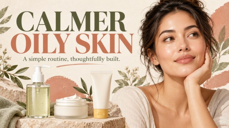 Illustration of a woman beside cleanser, moisturiser and sunscreen
