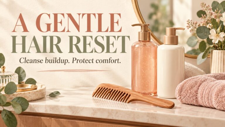Illustration of shampoo, conditioner, a comb and towel