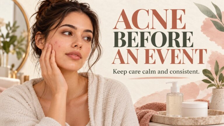Portrait illustration of a woman with visible pimples beside gentle skin-care products