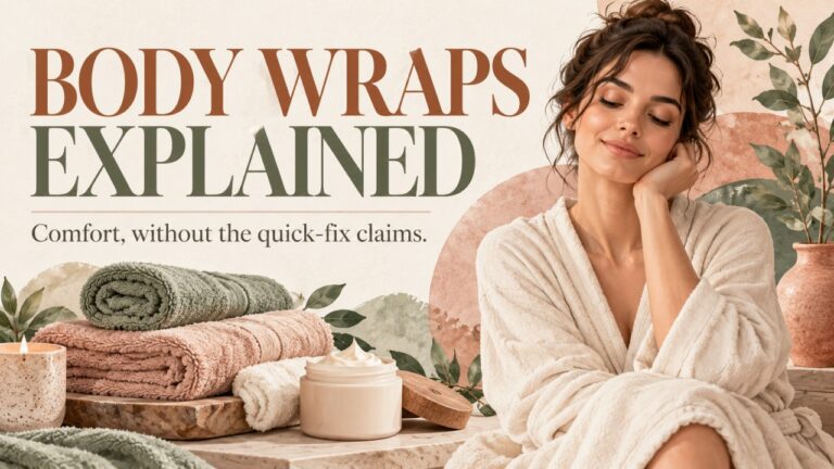 Editorial illustration of a woman in a spa robe beside towels and moisturiser