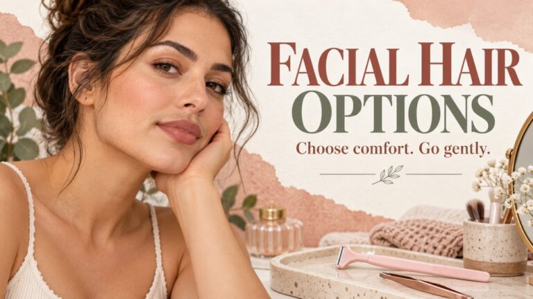 Illustration of a woman beside facial hair-removal tools