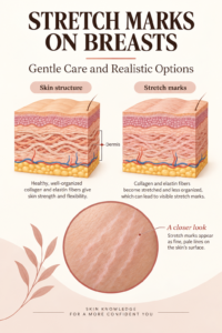 Illustration of skin layers and a close-up of pale stretch marks.