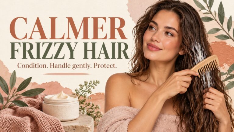 Illustration of a woman with wavy hair beside conditioner and a comb