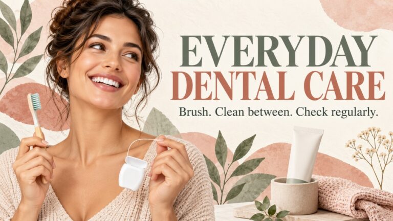 Illustration of a smiling woman with a toothbrush and floss