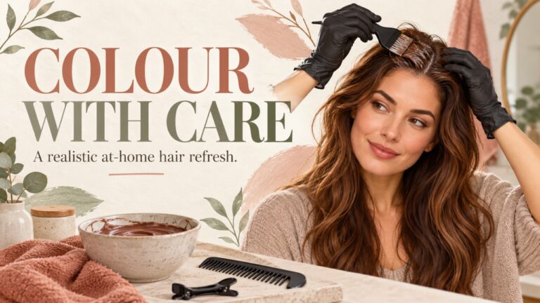 Illustration of a woman with brown hair beside hair-colouring tools