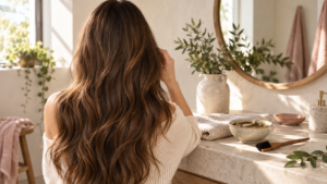 Woman with long chestnut hair at a sunlit vanity