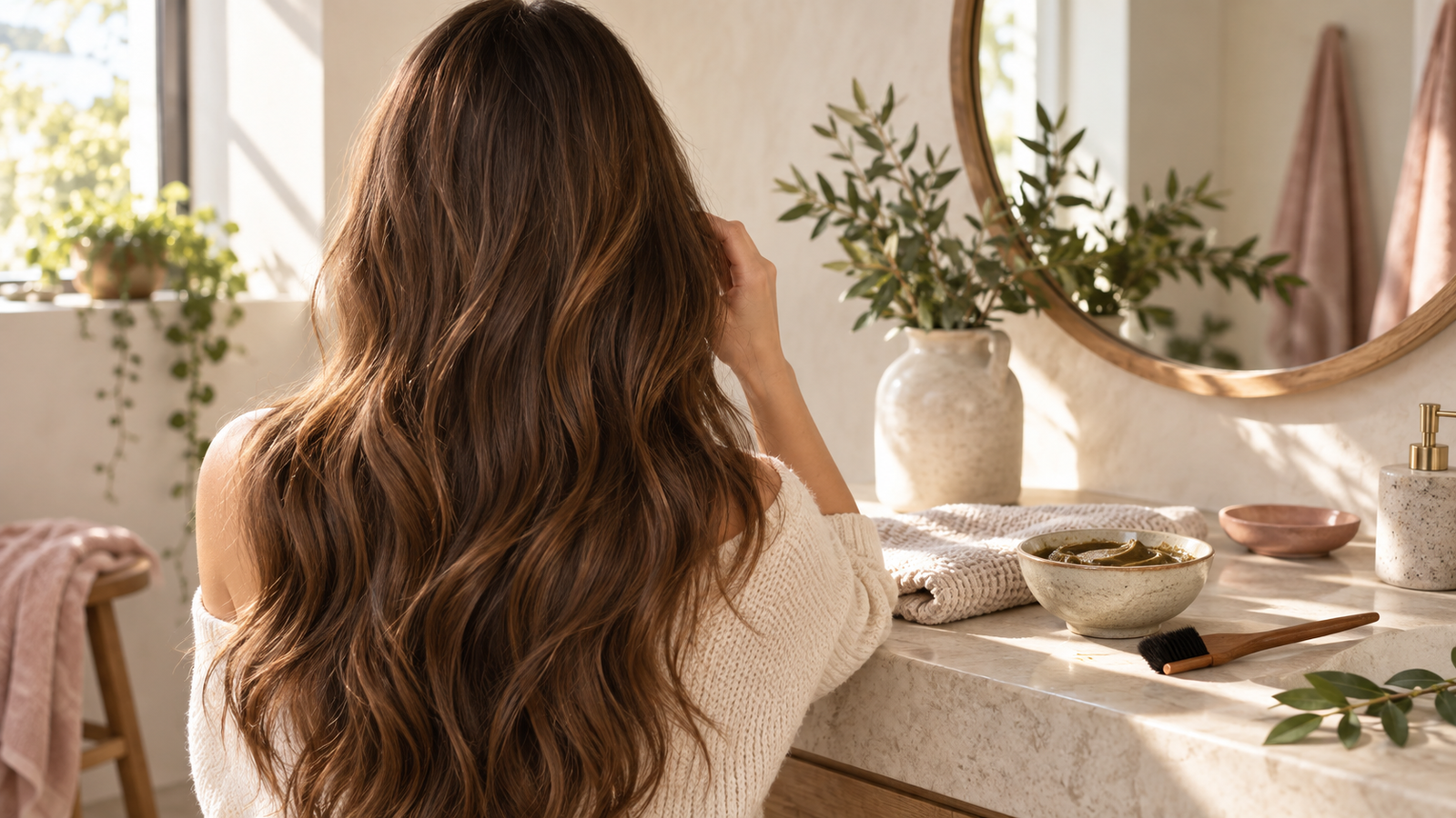 Woman with long chestnut hair at a sunlit vanity