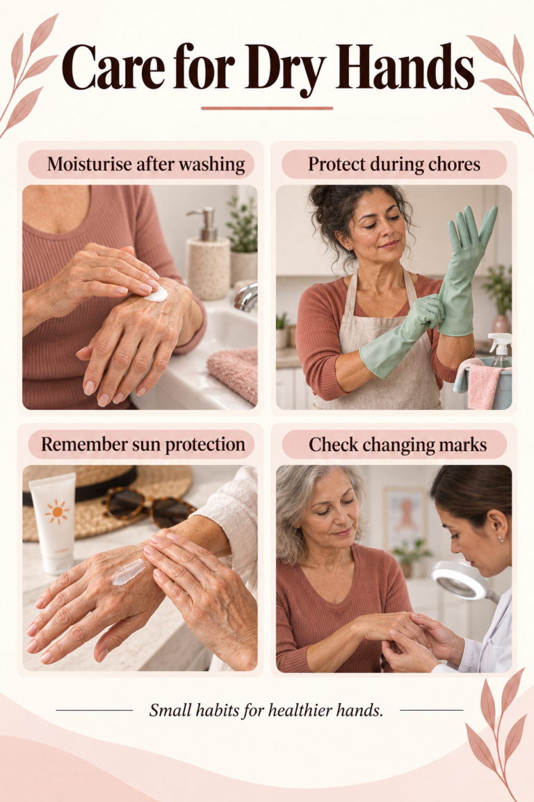 Illustrated guide: Dry, Ageing Hands: A Practical Care Routine.