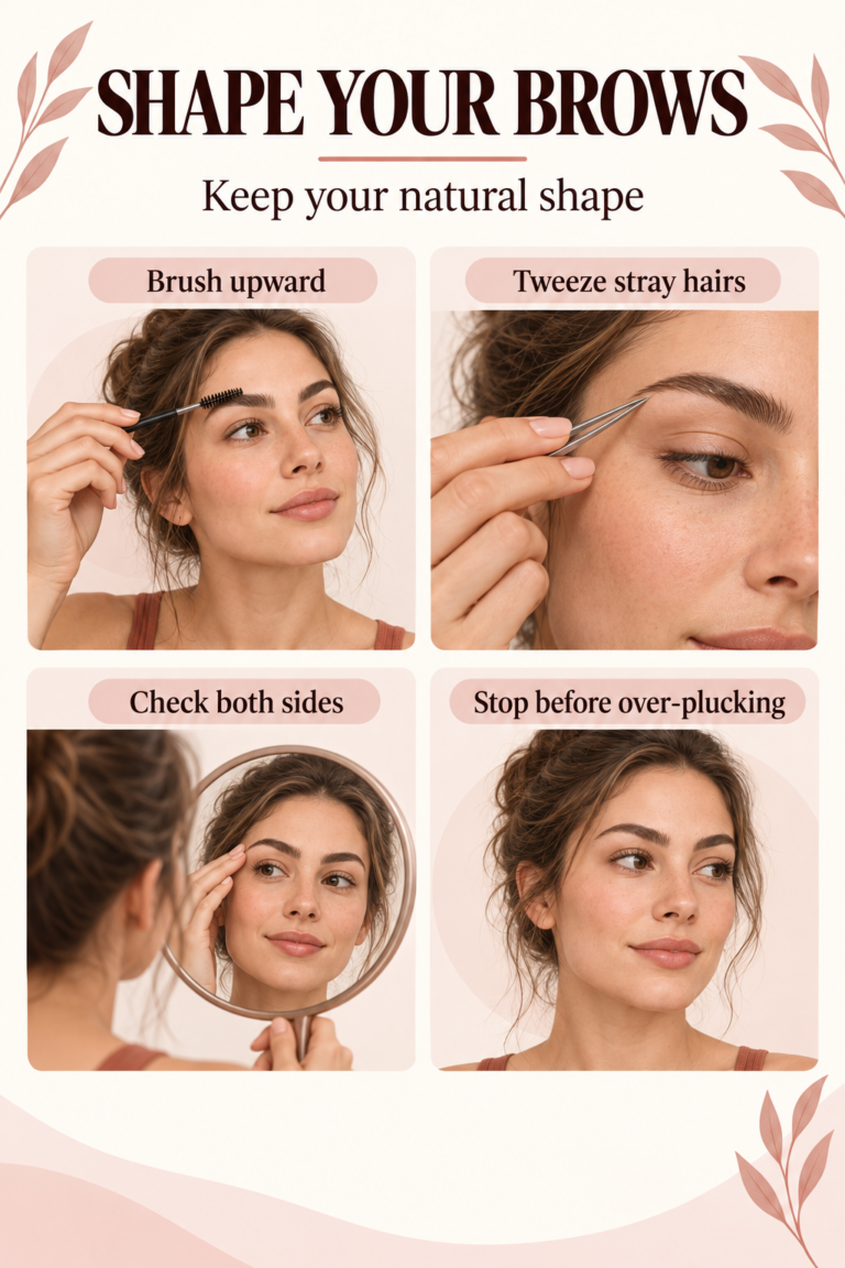 Illustrated guide: How to Shape Your Eyebrows at Home Without Overdoing It.