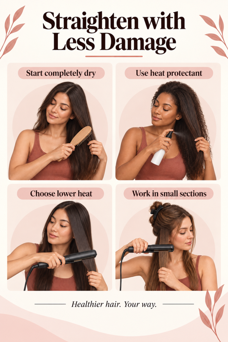Illustrated guide: How to Straighten Hair with Less Heat Damage.