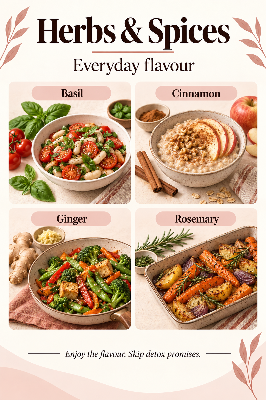 Illustrated guide: Herbs and Spices for Everyday Meals—not a Detox Cure.
