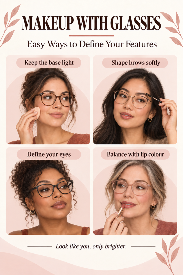 Illustrated guide: Makeup Tips for Glasses Wearers: Easy Ways to Define Your Features.