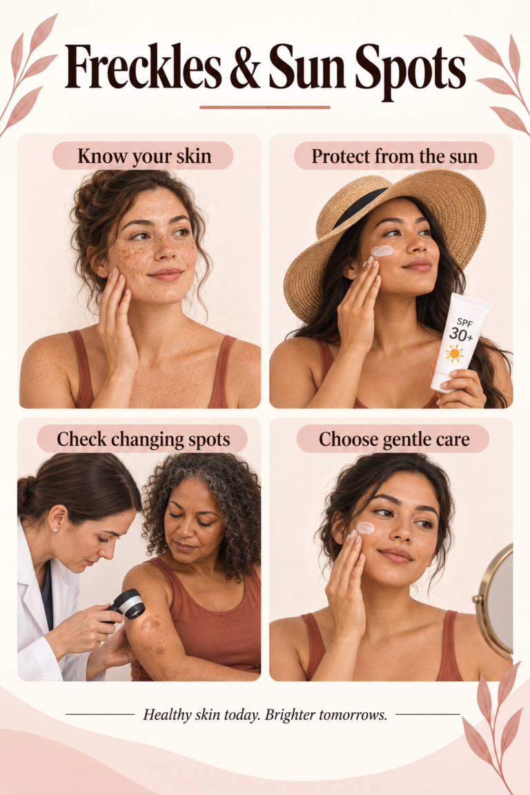 Illustrated guide: Freckles and Sun Spots: Safer Care for Uneven Pigmentation.