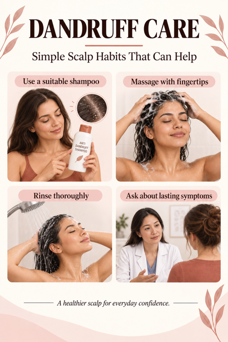 Illustrated guide: Dandruff Care: Simple Scalp Habits That Can Help.