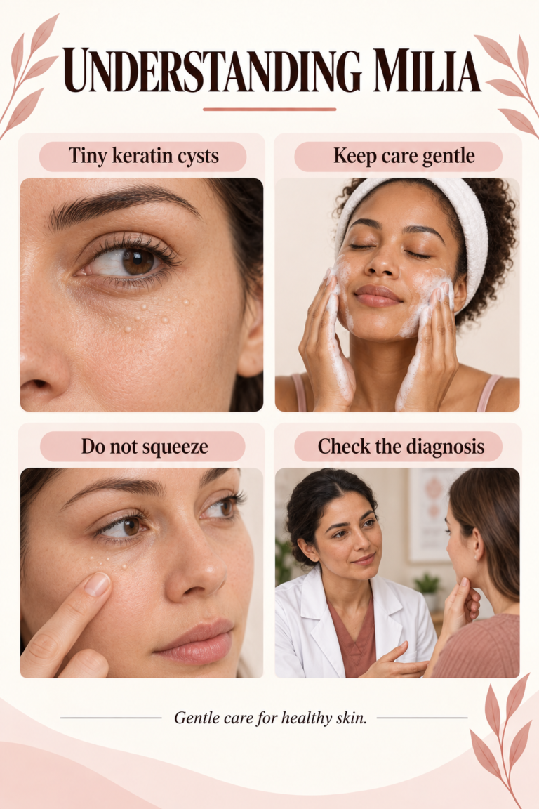 Illustrated guide: Milia: Why Tiny White Bumps Need Gentle Handling.