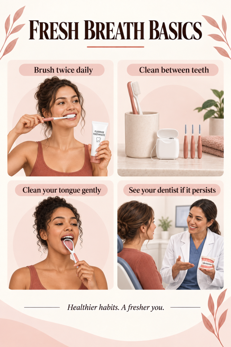 Illustrated guide: Bad Breath: A Practical Routine and When to See a Dentist.