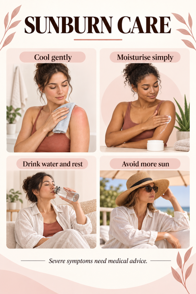 Illustrated guide: Sunburn Care: What Helps Soothe Skin and When to Seek Help.