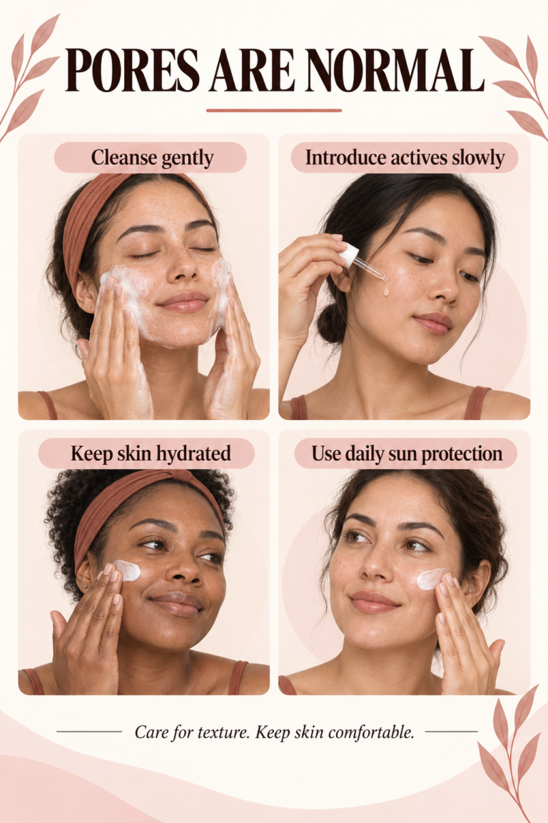 Illustrated guide: How to Make Pores Look Less Noticeable: A Gentle Skin-Care Routine.