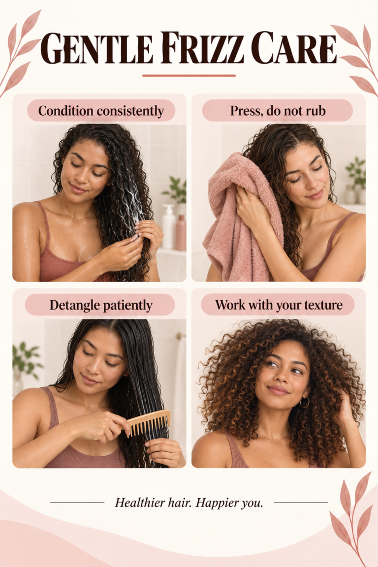Illustrated guide: How to Reduce Frizz: A Gentle, Effective Hair-Care Routine.