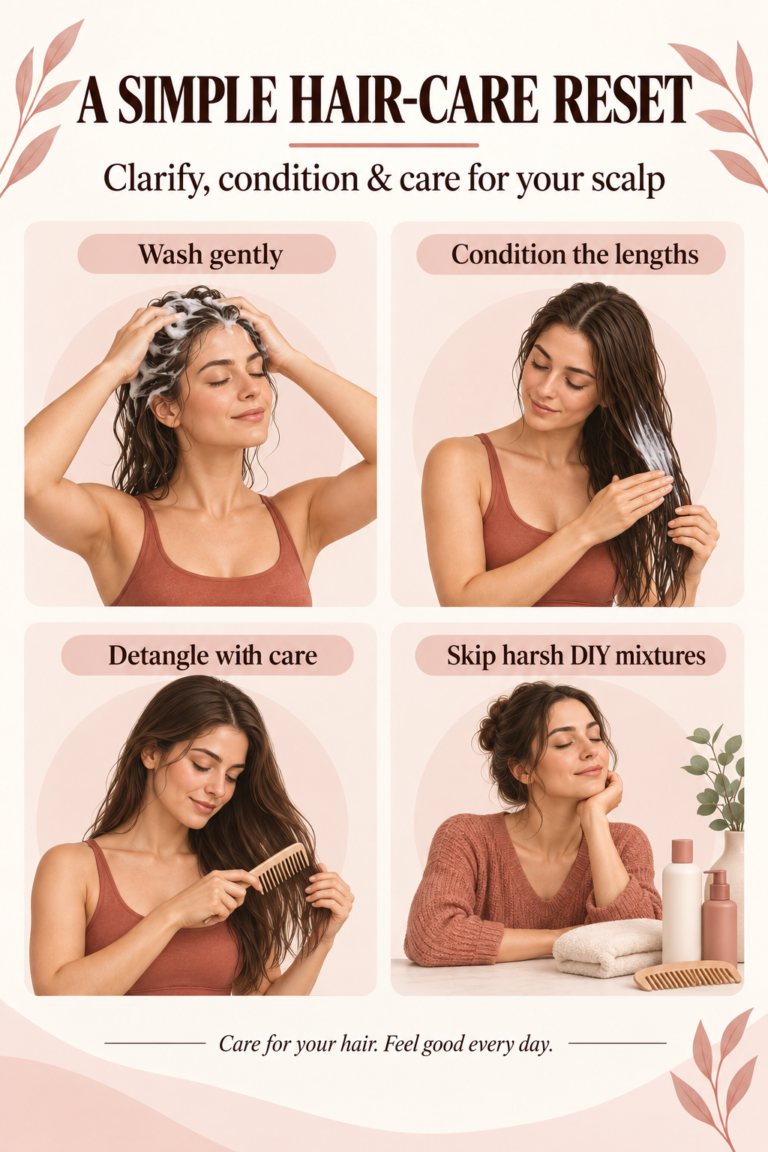Illustrated guide: A Simple Hair-Care Reset: Clarify, Condition, and Protect Your Scalp.