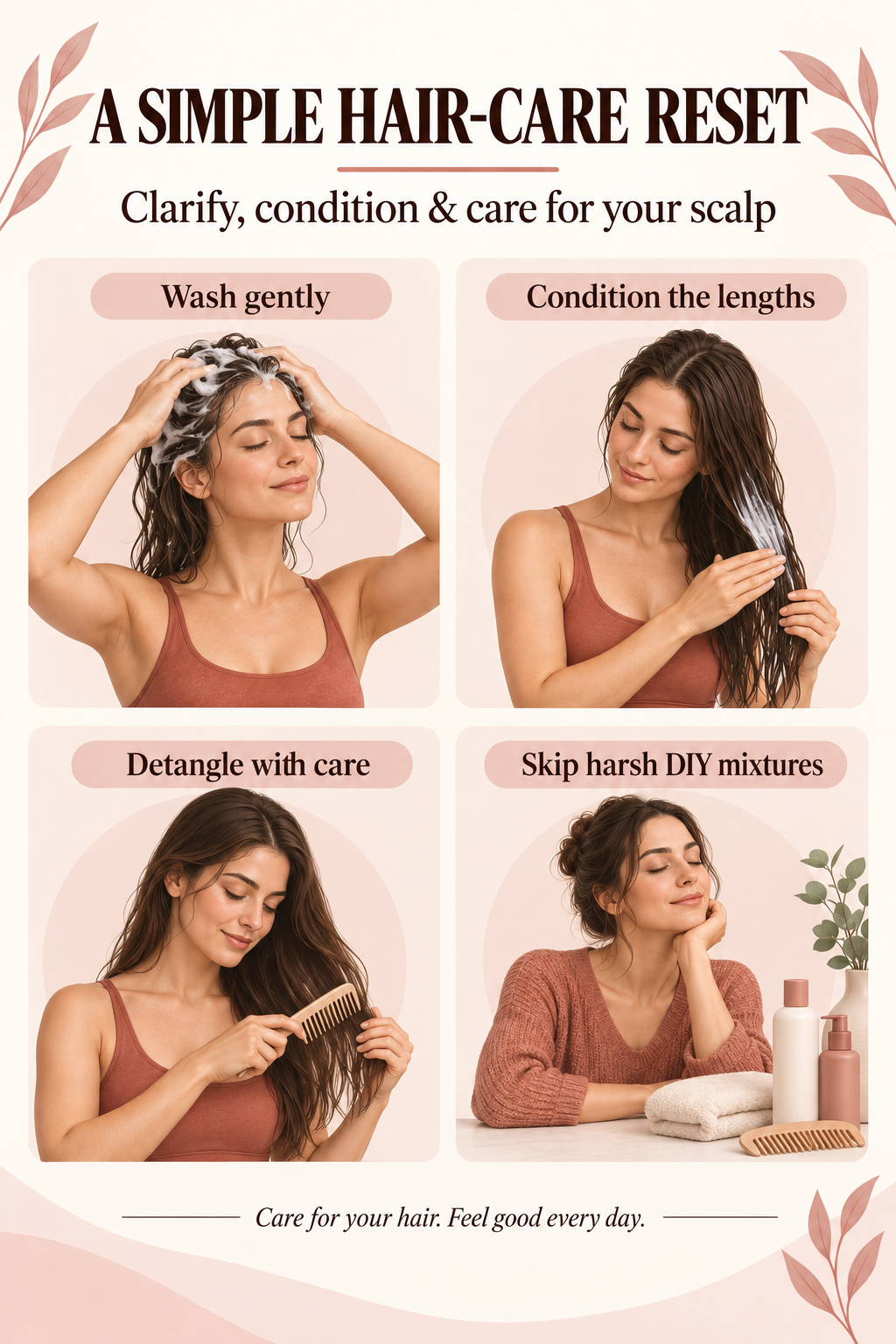 Illustrated guide: A Simple Hair-Care Reset: Clarify, Condition, and Protect Your Scalp.